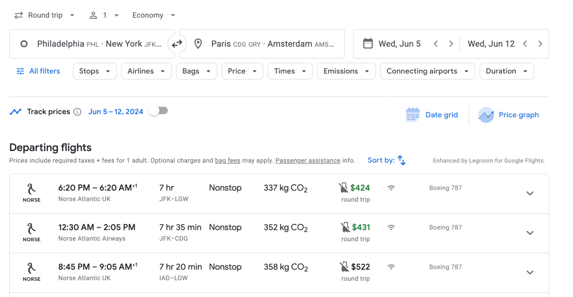 Example of Google Flights search