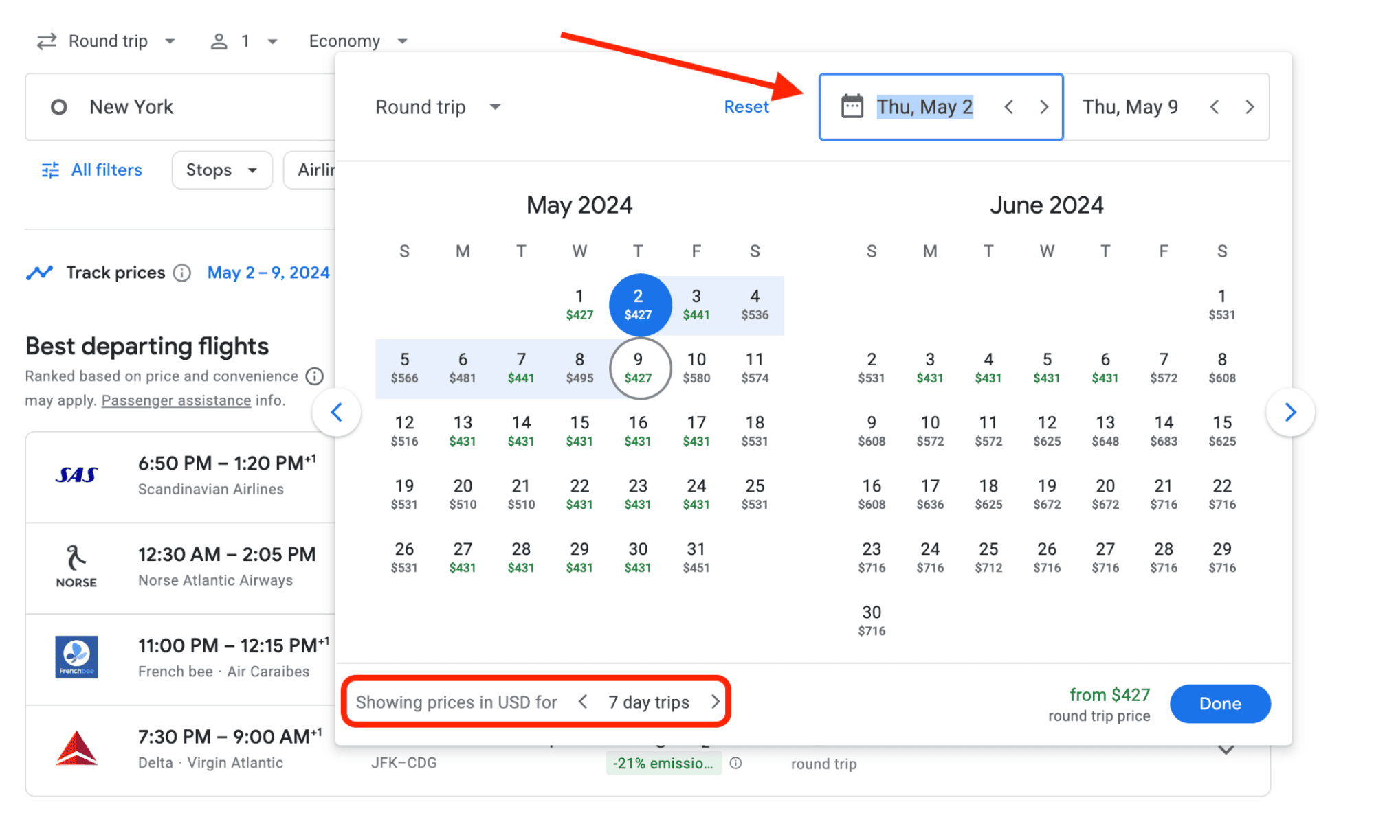 Example of Google Flights search