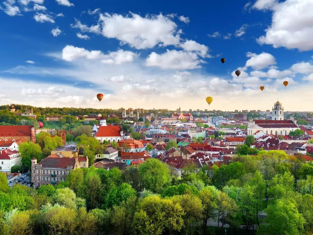 hot air balloons over Vilnius Lithuania.