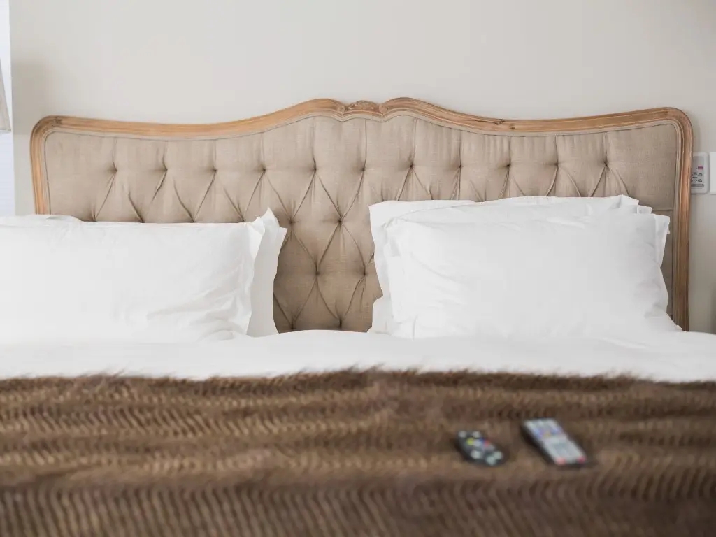 hotel room bed.