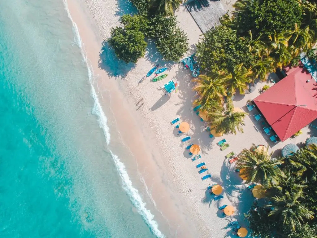 aerial view of a caribbean beach.
